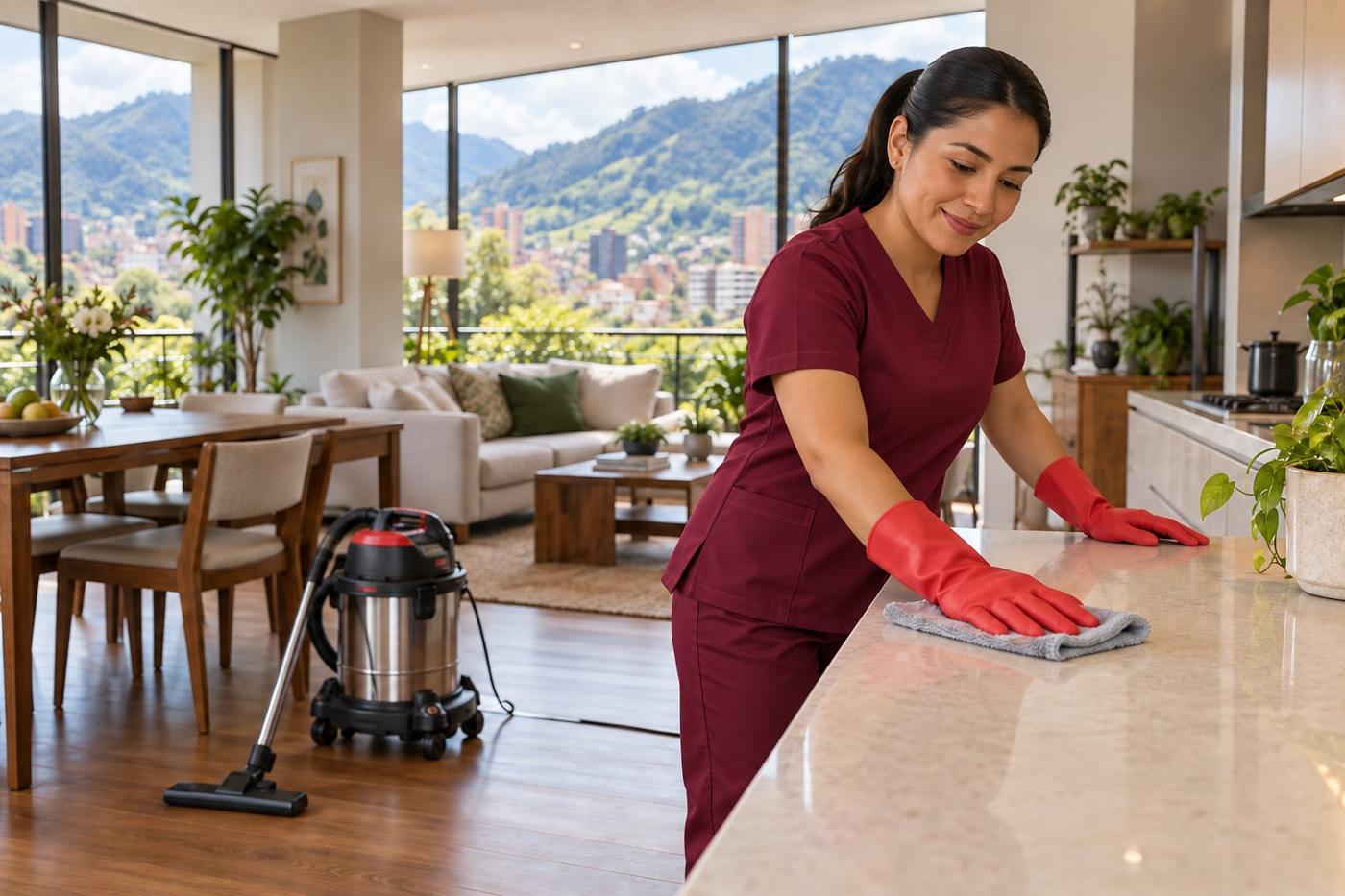 Operaria de Cleanova con uniforme vinotinto limpiando el mesón de una cocina